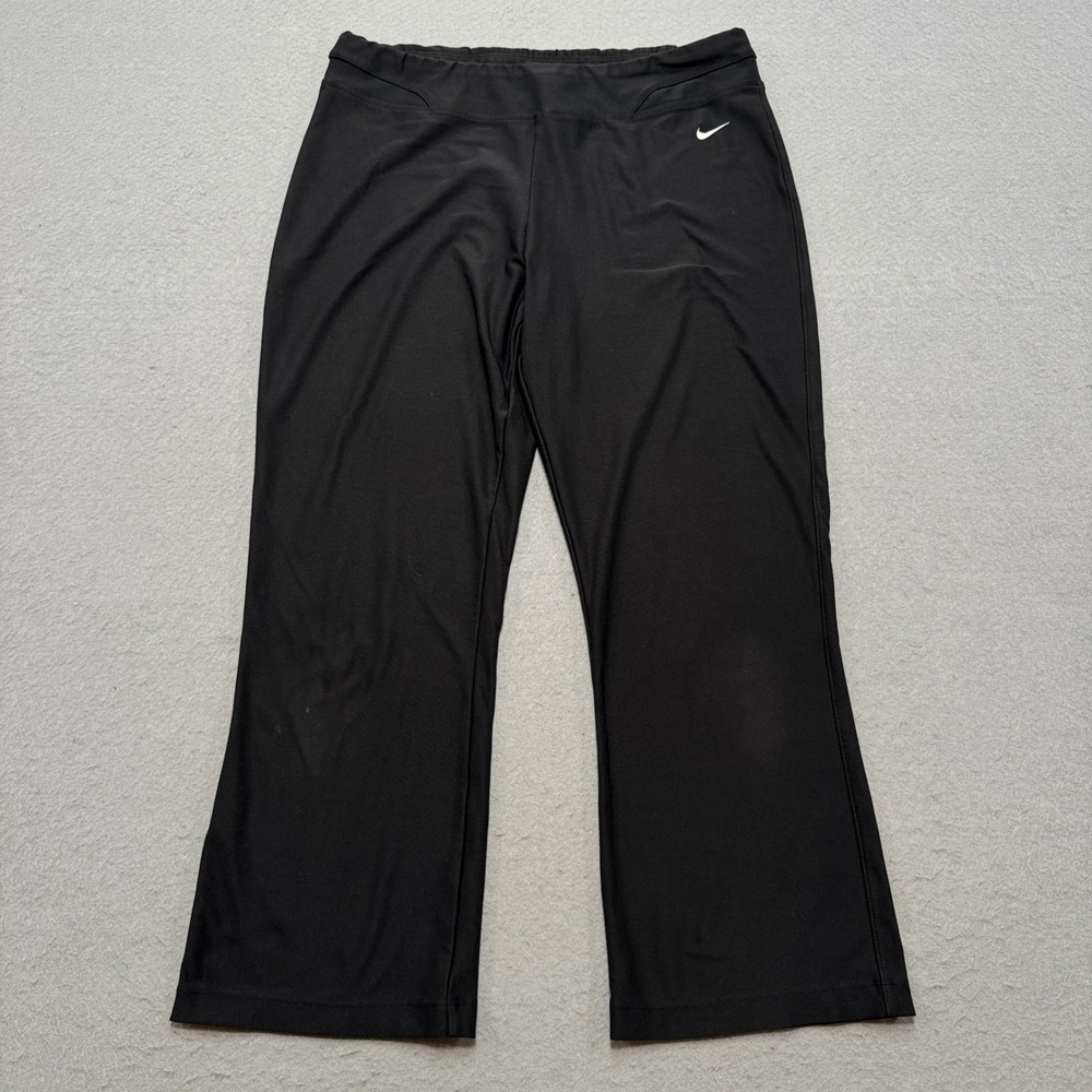 Y2K Nike FitDry Pants Youth Medium Black Bootcut Swoosh Silver Tab Yoga Athletic